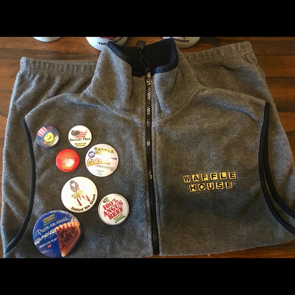 Waffle House vest with mugs and pins